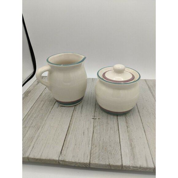 Pfaltzgraff JUNIPER Creamer & Sugar Set Teal Blue Green & Purple Mauve Trim Lid - Picture 1 of 8